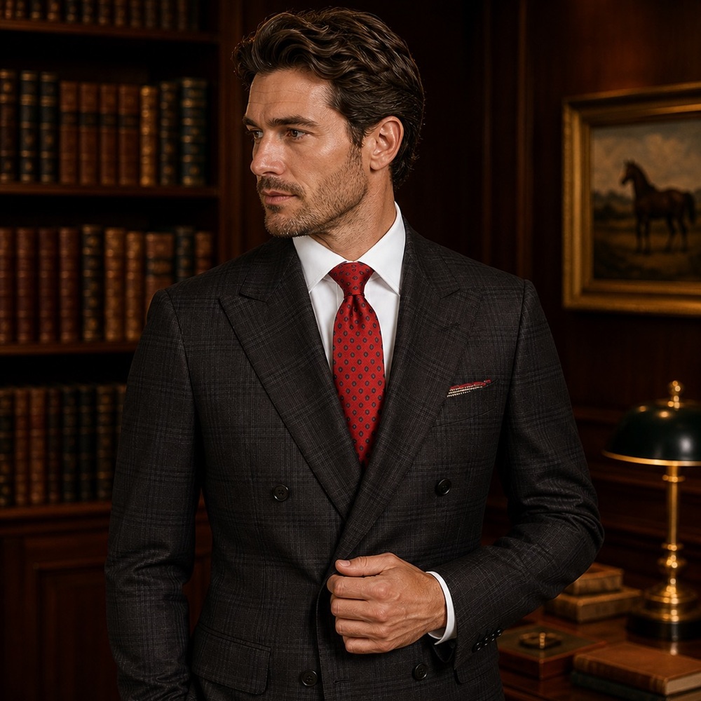 Isaia Double-Breasted Charcoal Glen Plaid Suit with Private Label Red Silk Tie - Picture 2 of 6